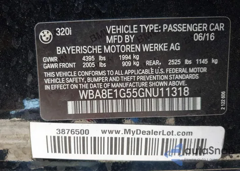 2016 BMW 320I from USA, damaged, VIN WBA8E1G55GNU11318